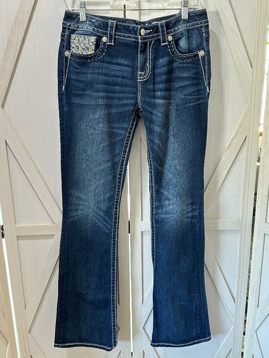 Miss Me Denim - Miss Me Mid Rise Bootcut Dark Wash Fleur De Lis Embellished Jeans Size 29